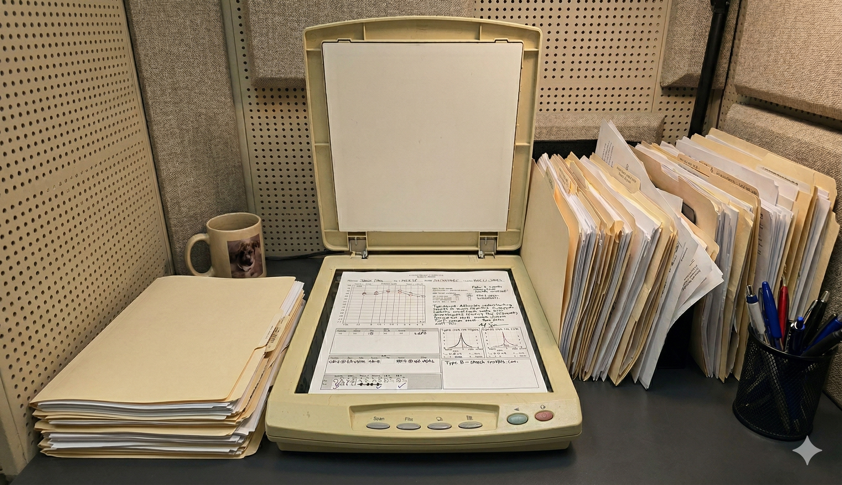 a paper audiogram on an old flatbed scanner